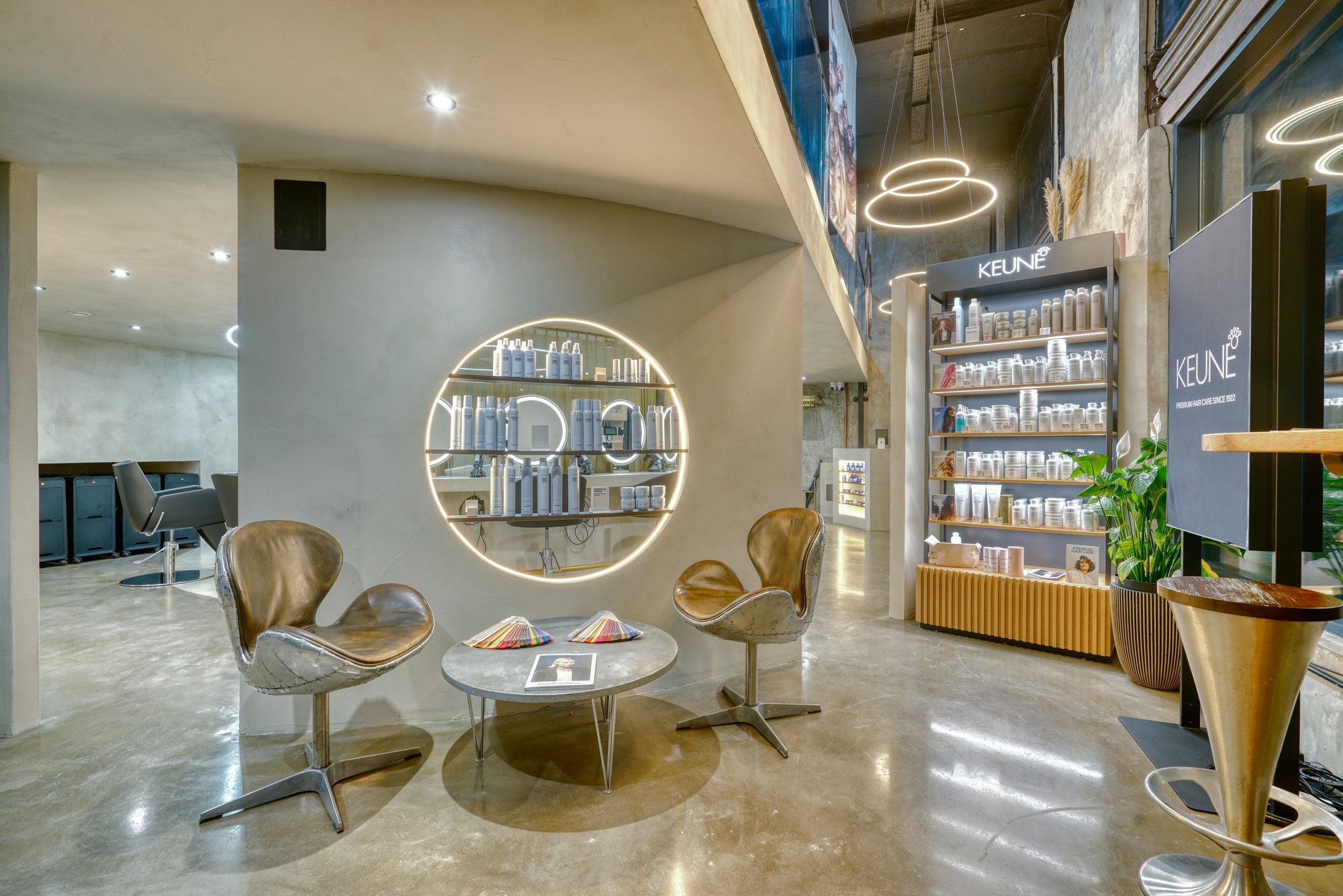 Waiting area and Keune product display at Avesta Hair, Salford